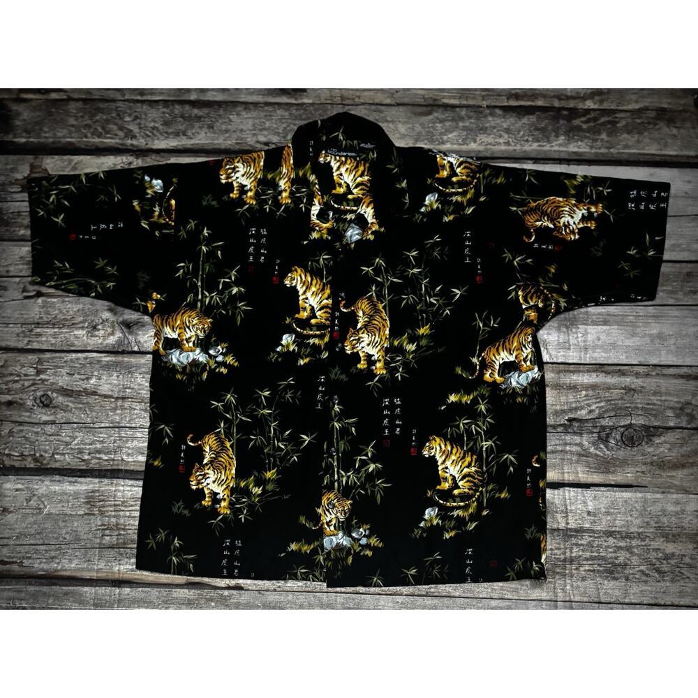 VTG No Boundaries Camp Button Up Shirt Mens XL Tiger Asian Oversizeded Camp Y2K